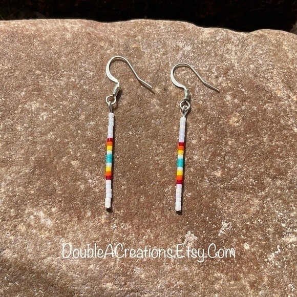 White with Fire Colors Simple Beaded Earrings, New, Handmade by Me - Picture 1 of 5